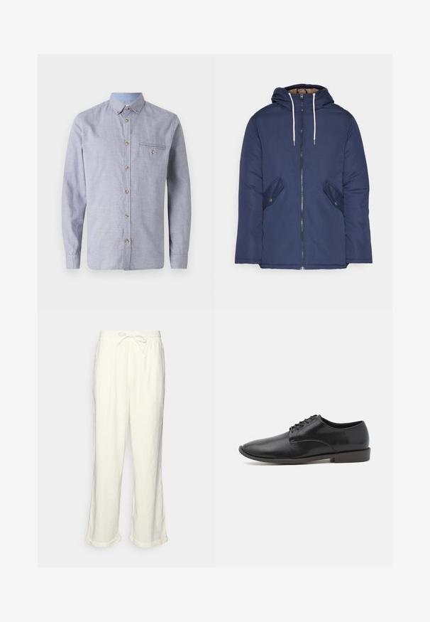 Tumesinine vahtkatseline jakk, millel on kapuuts, esilukk, kaks küljetaskut nupuga ja valged tõmblukud.; Helehelesinine ja valge ruuduline pikakä sleevesärg, millel on nupuvajutuste kaelus, esi-tasku, nööbiga varrukad ja puidust nööbid.; Lina püksid tühjas valges, millel on paelaga vöökoht, veidi laiemad sääred ja keeratud varrud mugavaks istumiseks. Taskud puuduvad.; Mustmust nahkkingad, millel on siledat finish, ümar nina ja madal profiili kummitald. Minimalistlik disain, ilma täiendavate kaunistusteta.