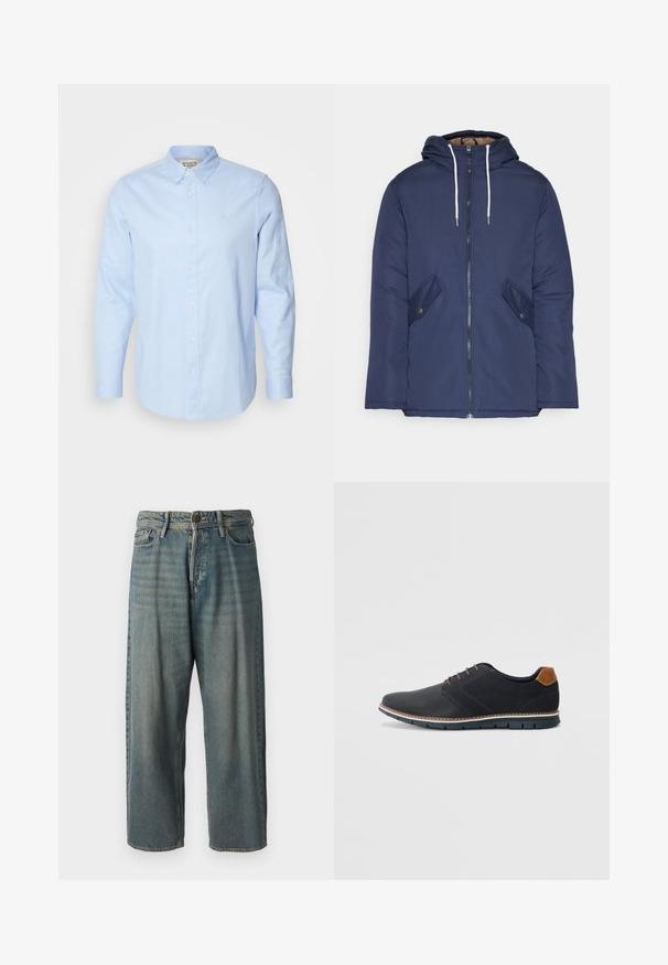 Navy blue padded jacket with a hood, featuring a front zipper, two side pockets with buttons, and white drawstrings.; Light blue long-sleeve button-up shirt with a button-down collar, white buttons, and subtle embroidered logo on the left chest.; Light blue denim jeans with a loose fit, mid-rise waist, and straight legs. Features five pockets, belt loops, and a button closure.; Black synthetic shoes with a textured upper, smooth accents, brown heel, and a contrasting sole. Features minimal lacing and stitch details.