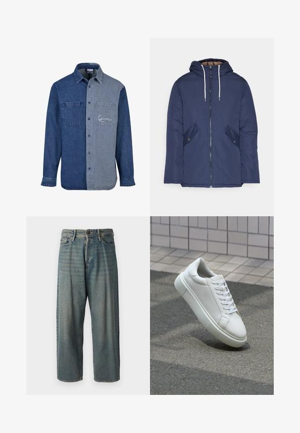 Laivasilkkinen vuorattu takki hupulla, jossa on etuvetoketju, kaksi nappikiinnityksellä varustettua sivutaskua ja valkoiset nyörit.; Denim-paita, jossa on tummansininen vasen puoli ja vaaleansininen raidallinen oikea puoli, rinnassa tasku ja logon brodeeraus.; Vaaleansiniset farkut, joissa on väljä istuvuus, keskikorkea vyötärö ja suorat lahkeet. Ominaisuuksiin kuuluvat viisi taskua, vyölenkit ja nappisulku.; Valkoinen nahkainen lenkkari, jossa on sileä pinta, pyöreä kärki ja tasaiset valkoiset nauhat. Varustettu teksturoidulla kumi-pohjalla ja vähäisillä muotoiluelementeillä.