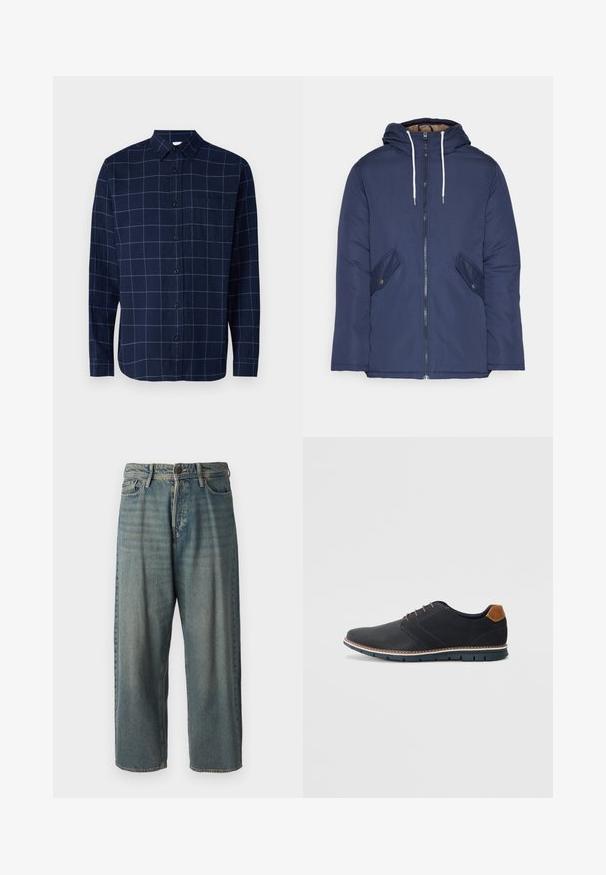 Mornarsko modra podložena jakna s kapuco, ki ima sprednji zadrgo, dva stranska žepa s gumbi in bele vrvice.; Srajca temno modre barve s karirastim vzorcem in svetlo modrimi črtami, dolge rokave, ovratnik in žep na prsih.; Svetlomoderne kavbojke z ohlapnim krojem, srednjim pasom in ravnimi nogami. Imajo pet žepov, zanke za pas in zapiranje na gumb.; Črne sintetične čevlje z teksturirano zgornjščino, gladkimi akcenti, rjavim petnim delom in kontrastnim podplatom. Imajo minimalno vezanje in detajle šivanja.