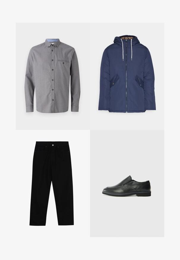 Giacca imbottita blu navy con cappuccio, dotata di zip frontale, due tasche laterali con bottoni e lacci bianchi.; Camicia grigia a quadri con maniche lunghe, colletto button-down, taschino sul petto e colletto interno di un azzurro chiaro a contrasto. Presenta bottoni marroni.; Pantaloni in denim nero con taglio dritto, design a cinque tasche e chiusura frontale con bottone. Tessuto liscio con dettagli di cucitura minimi.; Scarpa nera in pelle con inserto scivolare, superiore liscio, dettagli cuciti, punta arrotondata e tacco in gomma basso. La suola presenta un battistrada minimale.