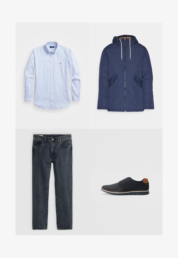 Laivasilkkinen vuorattu takki hupulla, jossa on etuvetoketju, kaksi nappikiinnityksellä varustettua sivutaskua ja valkoiset nyörit.; Vaaleansininen ja valkoinen raidallinen napillinen paita, jossa on klassinen kaulus, pitkät hihat ja pieni brodeerattu logo rintataskussa.; Tummansiniset farkut, joissa on suora lahje, viisi taskua ja nappisuljenta. Kankaassa on hieno haalistuminen ja tekstuuri.; Mustat synteettiset kengät, joissa on teksturoitu päällinen, sileät yksityiskohdat, ruskea kanta ja erottuva pohja. Ominaisuuksina minimaalinen nauhoitus ja ompeluyksityiskohdat.