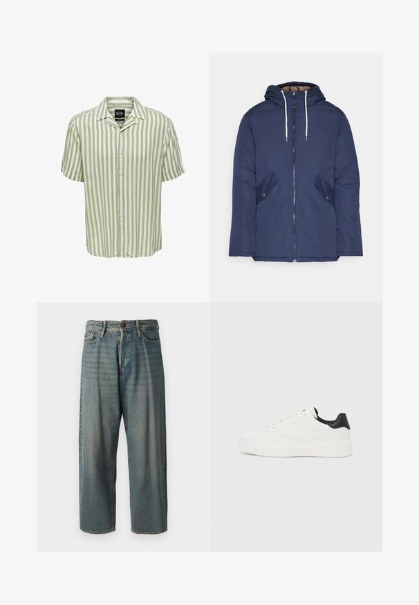 Tumesinine vahtkatseline jakk, millel on kapuuts, esilukk, kaks küljetaskut nupuga ja valged tõmblukud.; Ribade lühikeste varrukatega särk helesinises ja valges. Omab klassikalist kraed ja nööpidega esist, pakkudes mugavat istuvust. Sile kangastekstuuri.; Heledad sinine denim-stiilis teksad, volüümse lõike, keskmise kõrgusega talje ja sirgete säärega. Omab viit taskut, vöökumme ja nööpide sulgemist.; Valge nahast sneaker, millel on reljeefne muster, tekstureeritud valge vaheline tall ja must kannaaktsent. Omab ümarat nina ja lamedat paelavarrast.