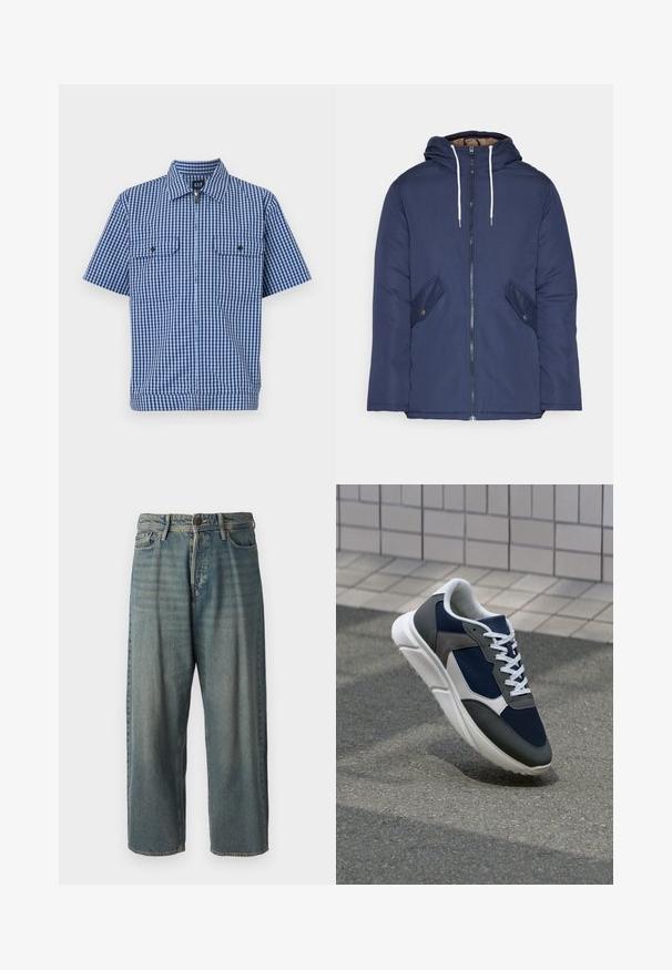 Marineblau gepadded Jacke mit Kapuze, ausgestattet mit einem Reißverschluss vorne, zwei seitlichen Taschen mit Knöpfen und weißen Kordeln.; Kurzärmliges Hemd mit blau-weißem Karomuster, ausgestattet mit einer durchgehend knöpfbaren Vorderseite, zwei Brusttaschen und einem Spread-Kragen. Hergestellt aus leichtem Stoff.; Helle blaue Denim-Jeans mit lockerer Passform, mittelhoher Taille und geraden Beinen. Hat fünf Taschen, Gürtelschlaufen und einen Knopfverschluss.; Sneaker mit einem Obermaterial aus navyblauem Mesh, grauen Wildlederelementen, einer weißen Gummisohle und flachen weißen Schnürsenkeln, entworfen für Komfort und Atmungsaktivität.