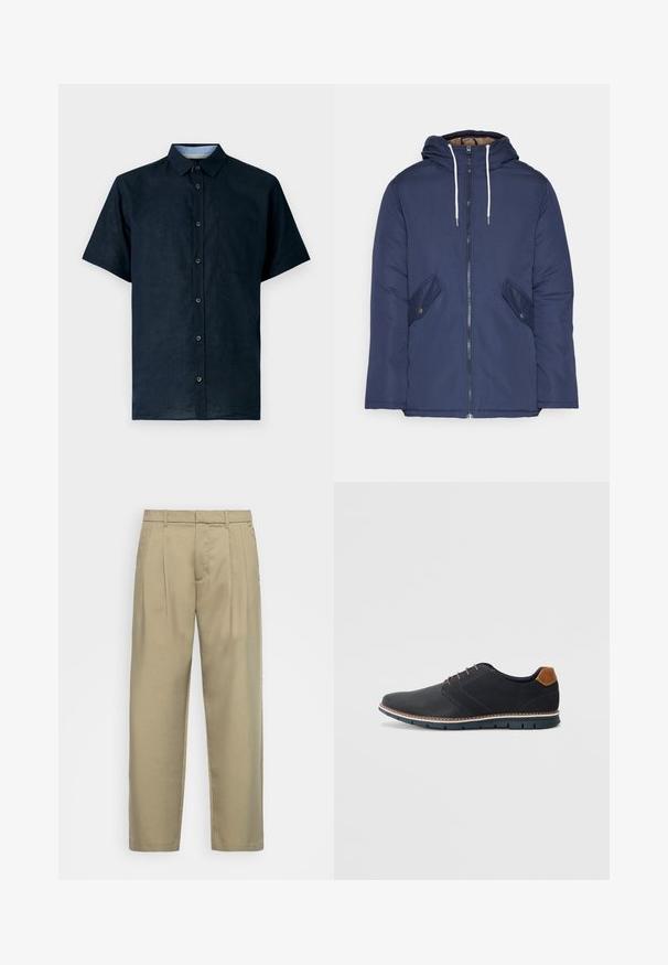 Sötétkék bélelt dzseki kapucnival, elülső cipzárral, két oldalsó zsebbel gombokkal és fehér húzózsinórokkal.; Rövid ujjú, sötétkék ing, könnyű anyagból készült, gombos elülső résszel, hegyes gallérral és bal oldali mellzsebbel.; Beige, magas derékú, egyenes szabású nadrág, lapos elejével, oldalsó zsebeivel és sima, textúrált anyagával.; Fekete szintetikus cipők, textúrált felsőrésszel, sima díszítésekkel, barna sarkával és kontrasztos talppal. Minimális fűzéssel és varrási részletekkel rendelkezik.