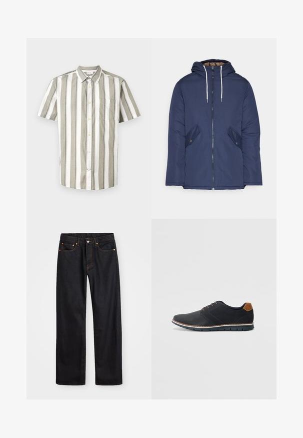 Námornícky modrá vystužená bunda s kapucňou, so zipsom vpredu, dvomi bočnými vreckami s gombíkmi a bielymi šnúrkami.; Košeľa s krátkym rukávom, s gombíkmi, v svetlo béžovej farbe s bielymi pruhmi, s vreckom, vyrobená z ľahkej tkaniny, s golierom.; Pánske rovné čierne riflové nohavice s piatimi vreckami a oranžovým prešívaním, s gombíkom a zipsom na prednom páse.; Čierne syntetické topánky so štruktúrovaným zvrškom, hladkými akcentmi, hnedým opätkom a kontrastnou podrážkou. Majú minimálne šnurovanie a detaily prešitia.