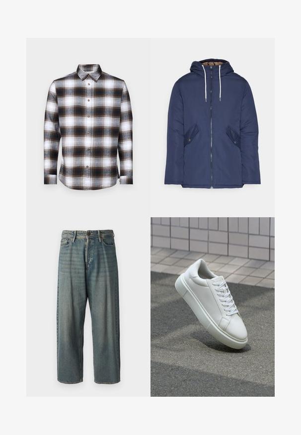 Sötétkék bélelt dzseki kapucnival, elülső cipzárral, két oldalsó zsebbel gombokkal és fehér húzózsinórokkal.; Hosszú ujjú kockás ing barna, fekete és fehér színekben, gombos gallérral és barna gombokkal, puha anyagból.; Világoskék farmernadrág, laza fazonnal, közepes derékbőséggel és egyenes szárral. Öt zsebet, övbucskát és gombos záródást tartalmaz.; Fehér bőr sportcipő sima felülettel, kerek orral és lapos fehér fűzőkkel. Texturált gumitalppal és minimális dizájnelemekkel rendelkezik.