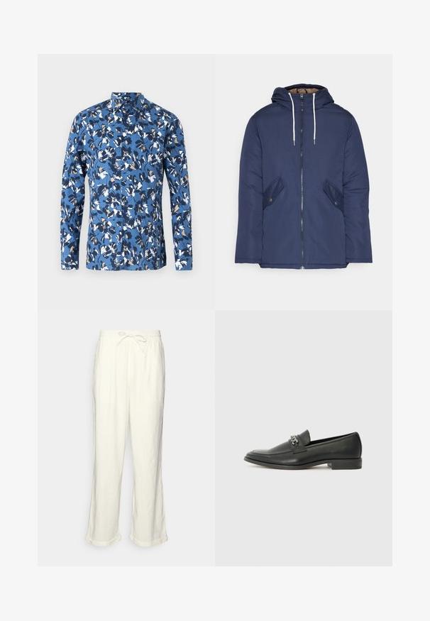 Casaco acolchoado azul-marinho com capuz, apresentando um fecho frontal com zíper, dois bolsos laterais com botões e cordões brancos.; Camisa de botão azul de manga longa com um padrão floral nas cores branca, azul-marinho e castanha. Feita de tecido de algodão suave, com gola.; Calças de linho em off-white com um cós elástico, pernas ligeiramente largas e acabamentos dobrados para um ajuste descontraído. Sem bolsos.; Sapatilha de couro preta com um acabamento suave, apresentando um design cosido e um detalhe decorativo de corrente de metal atravessando o peito do pé. Salto baixo.