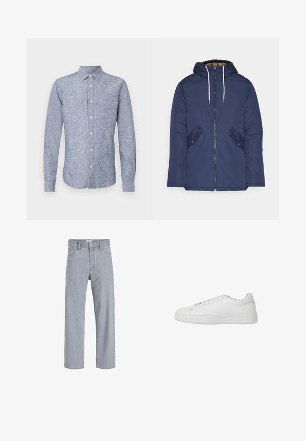 Marineblauwe gewatteerde jas met een capuchon, voorzien van een rits aan de voorkant, twee zijzakken met knopen en witte trekkoorden.; Blauwe linnen overhemd met lange mouwen en een button-down kraag, met een gestructureerde stof en een gebogen zoom. Vijf knopen aan de voorkant in een enkele rij.; Lichtblauwe denim jeans met een relaxed fit, rechte pijpen, zichtbare stiksels, twee voorzakken en een knoopsluiting.; Witte sneaker van soepel leer met een ronde neus, gestikte details en een platte rubberen zool. Minimalistisch ontwerp met vetersluiting.