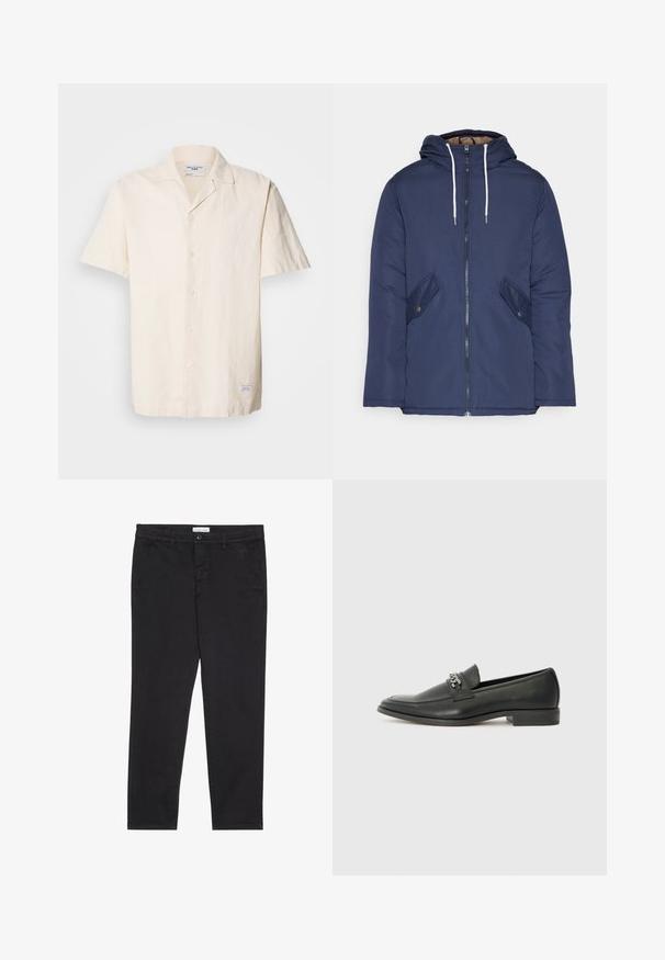 Námorně modrá prošívaná bunda s kapucí, která má přední zip, dvě boční kapsy s knoflíky a bílé šňůrky.; Košile s krátkým rukávem světlé béžové barvy vyrobená z texturované látky s špičatým límečkem, s knoflíkovým zapínáním a malou etiketou na lemu.; Černé bavlněné kalhoty s úzkým střihem, které mají dvě boční kapsy a přední zapínání na knoflík. Texturovaná tkanina s jemnými detaily.; Černé kožené mokasíny s hladkým povrchem, s prošívaným designem a dekoračním kovovým řetízkem přes nárt. Plochý podpatek.