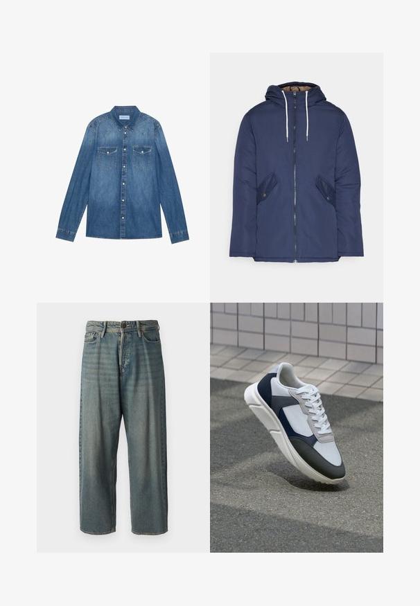 Námorně modrá prošívaná bunda s kapucí, která má přední zip, dvě boční kapsy s knoflíky a bílé šňůrky.; Tmavě modrá džínová košile s dlouhými rukávy, klasickým límcem, zapínáním na knoflíky, dvěma náprsními kapsami a kontrastním švem na švech.; Světle modré denimové džíny s volným střihem, středně vysokým pasem a rovnými nohavicemi. Obsahují pět kapes, poutka na opasek a zapínání na knoflík.; Bílé, námořnické a šedé tenisky s kombinovaným materiálovým designem, který zahrnuje texturovaný svršek, ploché šňůrky a polstrovanou podešev.