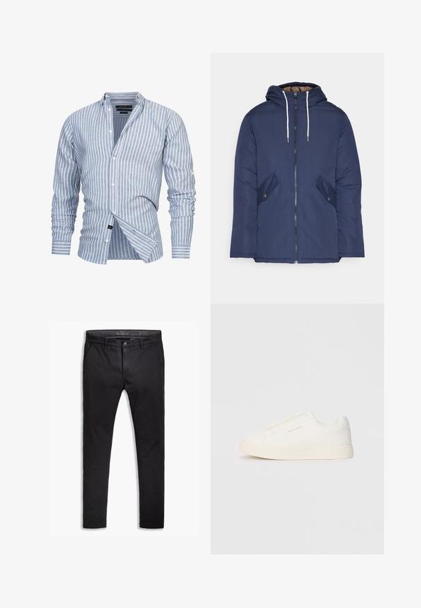 Jachetă căptușită bleu marin cu glugă, având un fermoar frontal, două buzunare laterale cu nasturi și șnururi albe.; Cămașă cu dungi albastre deschise, confecționată dintr-un material cu dungi verticale albe. Are guler cu buton și mâneci lungi cu manșete cu buton.; Chino negre din bumbac cu o croială ajustată, având cinci buzunare, bucle pentru curea și o textură netedă. Mânecuță cu fermoar și închidere cu nasture.; Tenisi albi slip-on cu o suprafață texturată, talpă groasă și un design minimalist. Prezintă logo-ul brandului pe lateral.