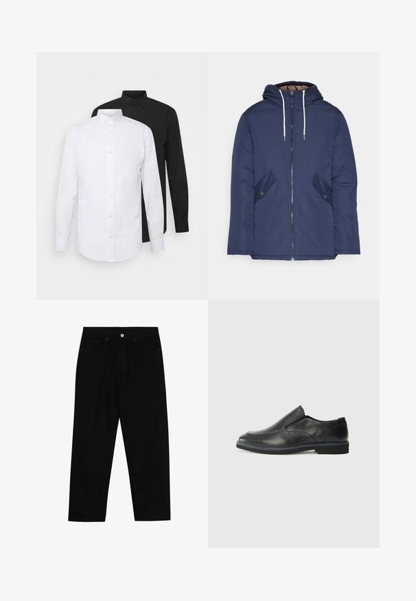 Giacca imbottita blu navy con cappuccio, dotata di zip frontale, due tasche laterali con bottoni e lacci bianchi.; Due camicie a maniche lunghe, una bianca e una nera, con colletto a punta e chiusura a bottone, realizzate in tessuto liscio.; Pantaloni in denim nero con taglio dritto, design a cinque tasche e chiusura frontale con bottone. Tessuto liscio con dettagli di cucitura minimi.; Scarpa nera in pelle con inserto scivolare, superiore liscio, dettagli cuciti, punta arrotondata e tacco in gomma basso. La suola presenta un battistrada minimale.