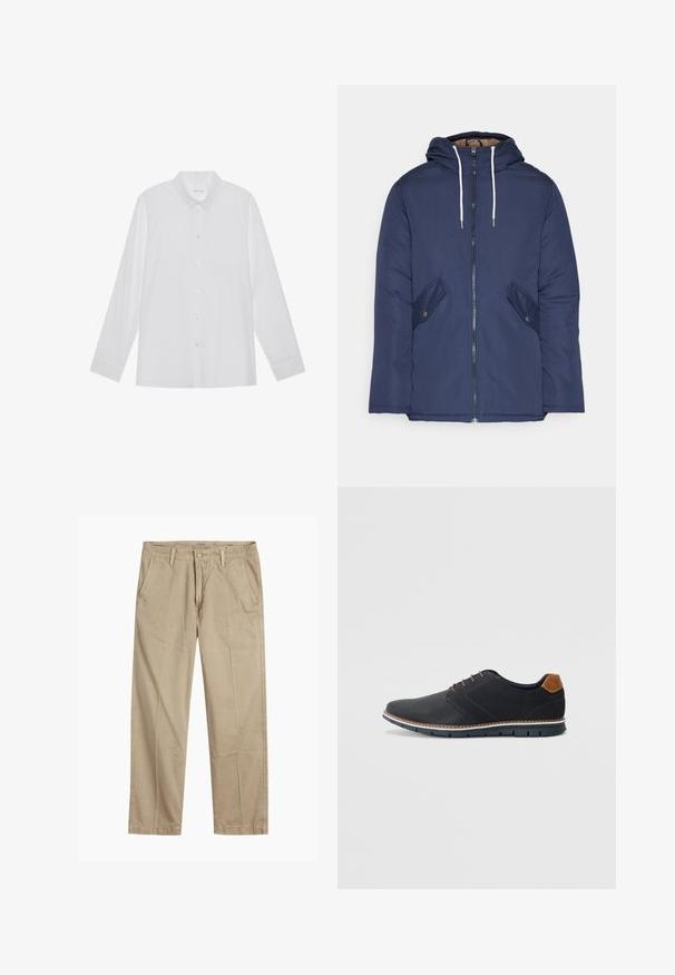 Navy blue padded jacket with a hood, featuring a front zipper, two side pockets with buttons, and white drawstrings.; White long-sleeve shirt made from smooth fabric, featuring a pointed collar, front button closure, and single-button cuffs.; Beige straight-leg chinos with belt loops, front button and zipper closure, and slant front pockets.; Black synthetic shoes with a textured upper, smooth accents, brown heel, and a contrasting sole. Features minimal lacing and stitch details.
