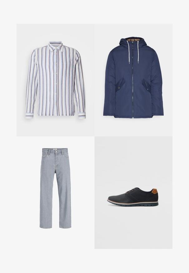 Jūras zila pufīgā jaka ar kapuci, kas aprīkota ar priekšējo rāvējslēdzēju, divām sānu kabatām ar pogām un baltiem aukliņām.; Svītraina garām piedurknēm krekls ar mainīgām zilām, baltām un pelēkām svītrām. Pogājama josta priekšā, viena krūšu kabata un zaļa izšuvuma detaļa.; Gai zils džinsu audums ar brīvu piegriezumu, taisnu kāju dizainu, redzamām šuvēm, divām priekšējām kabatām un pogu aizdari.; Melni sintētiskie apavi ar struktūru augšdaļā, gludu akcentu, brūnu papēdi un kontrastējošu zoli. Iezīmē minimālu šņorēšanu un šuvju detaļas.