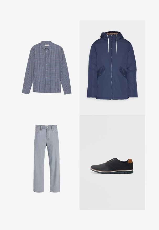 Jūras zila pufīgā jaka ar kapuci, kas aprīkota ar priekšējo rāvējslēdzēju, divām sānu kabatām ar pogām un baltiem aukliņām.; Zils un brūns šaura rūtiņu garais krekls ar norādītu apkakli, pogu priekšpusi un vienām aprocēm. Mīksts audums, regulāra piegriezuma.; Gai zils džinsu audums ar brīvu piegriezumu, taisnu kāju dizainu, redzamām šuvēm, divām priekšējām kabatām un pogu aizdari.; Melni sintētiskie apavi ar struktūru augšdaļā, gludu akcentu, brūnu papēdi un kontrastējošu zoli. Iezīmē minimālu šņorēšanu un šuvju detaļas.