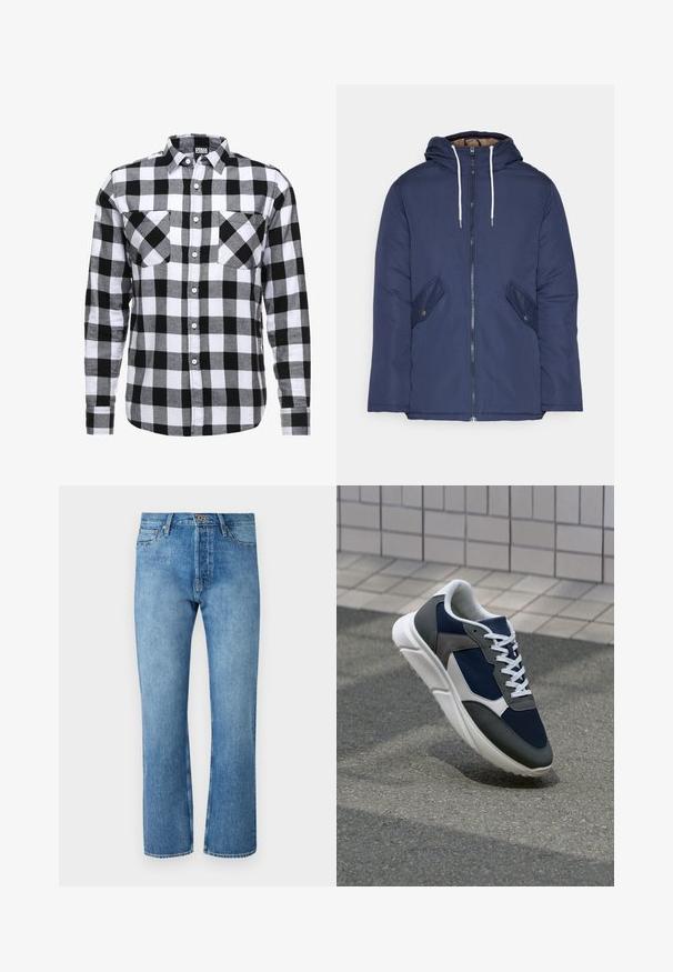 Marineblå polstret jakke med hette, med glidelås foran, to sidelommer med knapper og hvite snorer.; Svart-og-hvitt rutete skjorte med knapper, med lange ermer, to brystlommer og standard krage. Laget av et mykt stoff.; Lyseblå denimjeans med rett benkutt, som har et klassisk fem-lommers design, knappelukking og kontraststing.; Sneakers med en navy blå mesh-overdel, grå sømværk, hvit gummisåle og flate hvite snører, designet for komfort og pusteevne.