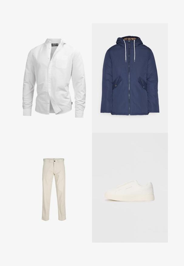 Veste matelassée bleu marine avec capuche, dotée d'une fermeture éclair à l'avant, de deux poches latérales avec boutons et de cordons de serrage blancs.; Chemise blanche à manches longues en coton, dotée d'une poche poitrine, d'un col classique et d'une coupe standard avec un ourlet arrondi.; Pantalons en coton beige avec une coupe droite, braguette à boutons, poches avant et coutures surpiquées. Texture lisse, détails minimaux et sans motifs.; Baskets blanches sans lacets avec une surface texturée, une semelle épaisse et un design minimaliste. Présente le logo de la marque sur le côté.