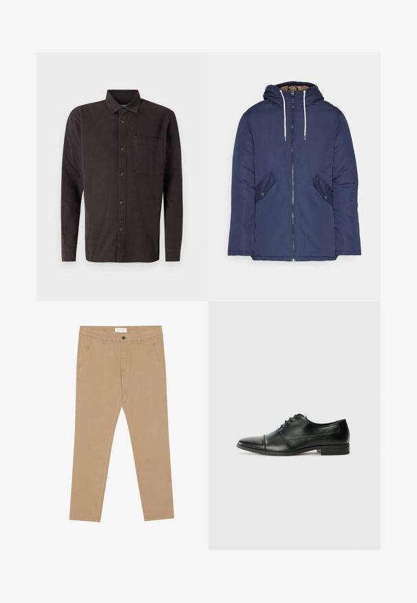 Giacca imbottita blu navy con cappuccio, dotata di zip frontale, due tasche laterali con bottoni e lacci bianchi.; Camicia a maniche lunghe marrone scuro in cotone, con colletto button-down, tasca frontale e bottoni neri per la chiusura.; Chino khaki realizzati in misto cotone, con vita piatta, due tasche laterali e una tasca posteriore. Tessuto leggero con una consistenza liscia.; Scarpe eleganti in pelle nera con punta affusolata, lacci e dettagli di cucitura sottili. Presentano un tacco a blocco basso e una finitura lucida e liscia.