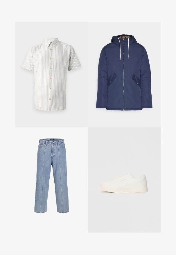 Jūrinė mėlyna pūkinė striukė su kapišonu, turinti priekinį užtrauktuką, dvi šonines kišenes su sagomis ir baltus raiščius.; Šviesiai žalia ir balta dryžuota trumpų rankovių marškiniai, su mygtukų užsegimu ir mediniais mygtukais priekyje. Minkšta, pralaidi medžiaga.; Šviesiai mėlynos džinsinės kelnės su laisvu siluetu, plačiomis kojomis ir matomomis siuvimo detalėmis. Turi mygtuką ir užtrauktuką, taip pat penkias kišenes.; Baltos slip-on sportbačiai su tekstūruota paviršiumi, storesniu padu ir minimalistišku dizainu. Šone matosi prekės ženklo logotipas.