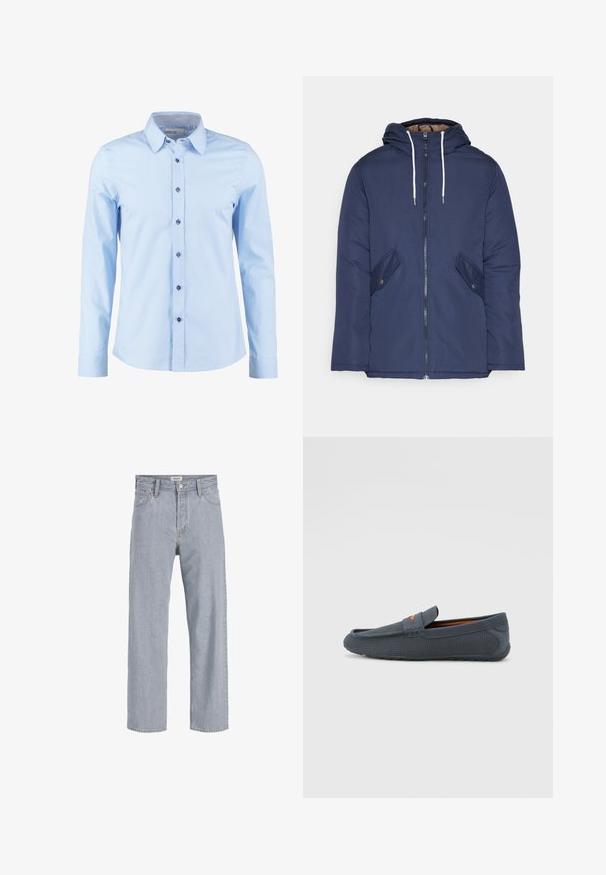 Veste matelassée bleu marine avec capuche, dotée d'une fermeture éclair à l'avant, de deux poches latérales avec boutons et de cordons de serrage blancs.; Chemise à manches longues bleu clair avec un col à rabat, dotée de boutons bleu marine et d'un accent en tissu écossais à l'intérieur du col.; Jean en denim bleu clair avec une coupe décontractée,à jambe droite, coutures visibles, deux poches avant et fermeture par bouton.; Mocassins perforés gris avec un design à enfiler, présentant un accent orange, un bout arrondi et une semelle extérieure en caoutchouc texturé.