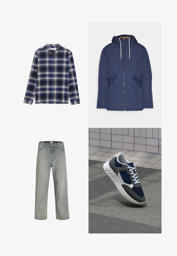 Marineblau gepadded Jacke mit Kapuze, ausgestattet mit einem Reißverschluss vorne, zwei seitlichen Taschen mit Knöpfen und weißen Kordeln.; Blau und schwarzes karriertes Hemd mit langen Ärmeln, ausgestattet mit einem klassischen Kragen und kontrastierenden hellen Karos. Knopfverschluss vorne.; Hellgraue, locker sitzende Jeans aus Denim. Verfügt über ein klassisches Fünf-Taschen-Design, Gürtelschlaufen und eine gerade Bein-Silhouette.; Sneaker mit einem Obermaterial aus navyblauem Mesh, grauen Wildlederelementen, einer weißen Gummisohle und flachen weißen Schnürsenkeln, entworfen für Komfort und Atmungsaktivität.