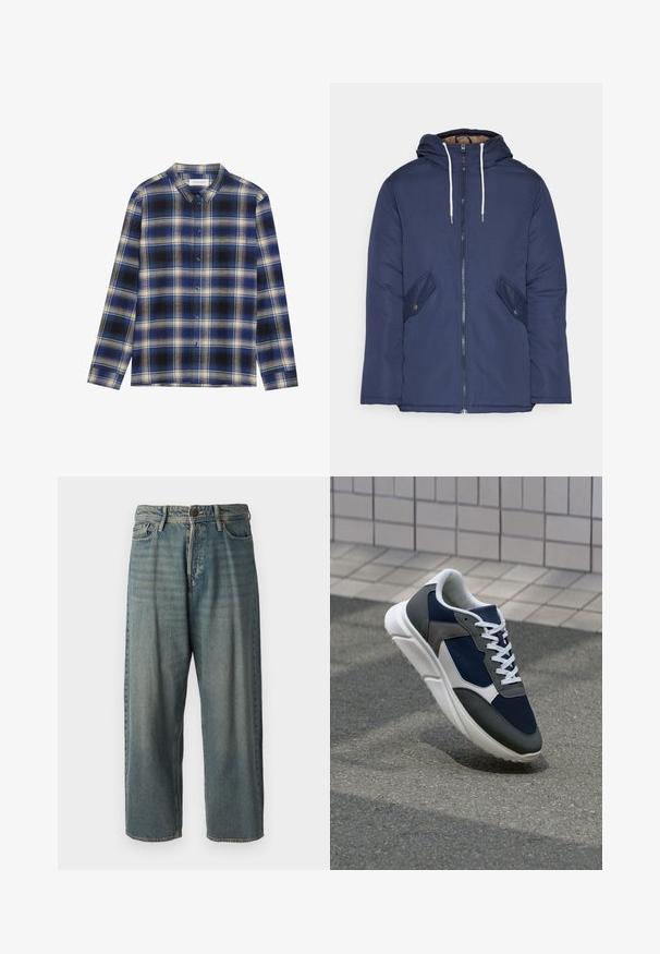 Sötétkék bélelt dzseki kapucnival, elülső cipzárral, két oldalsó zsebbel gombokkal és fehér húzózsinórokkal.; Kék és fekete kockás, hosszú ujjú ing, klasszikus gallérral, kontrasztos világos színű kockákkal. Gombos zárás elöl.; Világoskék farmernadrág, laza fazonnal, közepes derékbőséggel és egyenes szárral. Öt zsebet, övbucskát és gombos záródást tartalmaz.; Cipő, amelynek sötétkék hálós felsőrésze, szürke velúr díszítései, fehér gumitalpa és lapos fehér fűzője van, a kényelem és a légáteresztő képesség érdekében tervezve.