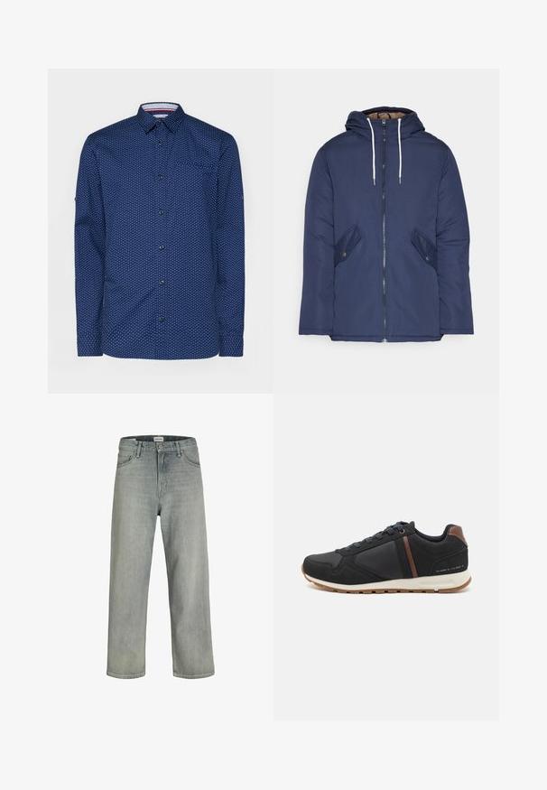 Jūrinė mėlyna pūkinė striukė su kapišonu, turinti priekinį užtrauktuką, dvi šonines kišenes su sagomis ir baltus raiščius.; Tamsiai mėlynas marškinis su baltais taškeliais, ilgomis rankovėmis, mygtukų užsegimu priekyje, vienu krūtinės kišenėse ir kontrastinga vidine apykakle.; Šviesiai pilkos, laisvai krentančios džinsinės kelnės. Turi klasikinį penkių kišenių dizainą, diržo kilpas ir tiesius kojų siluetus.; Juoda sportinė batai su skirtingų tekstūrų medžiagomis, rudos akcentais ir balta vidine pado dalimi. Turi raištelių užsegimą ir guminį pado paviršių.