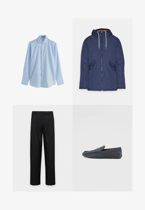 Navy plava podstava jakna s kapuljačom, koja ima prednji patentni zatvarač, dva bočna džepa s gumbima i bijele špage.; Svijetloplavi sako s dugim rukavima i dugmadi od glatkog materijala, s oštrim okovratnikom i sedam dugmadi sprijeda, s opuštenim krojem i manžetama.; Crne hlače od glatkog materijala, s dizajnom ravnih nogavica, dva prednja nabora i standardnim pojasom s petljama za remen.; Sivi perforirani mokasini s dizajnom za jednostavno obuvanje, s narančastim akcentom, zaobljenim prstom i teksturiranim gumenim potplatom.