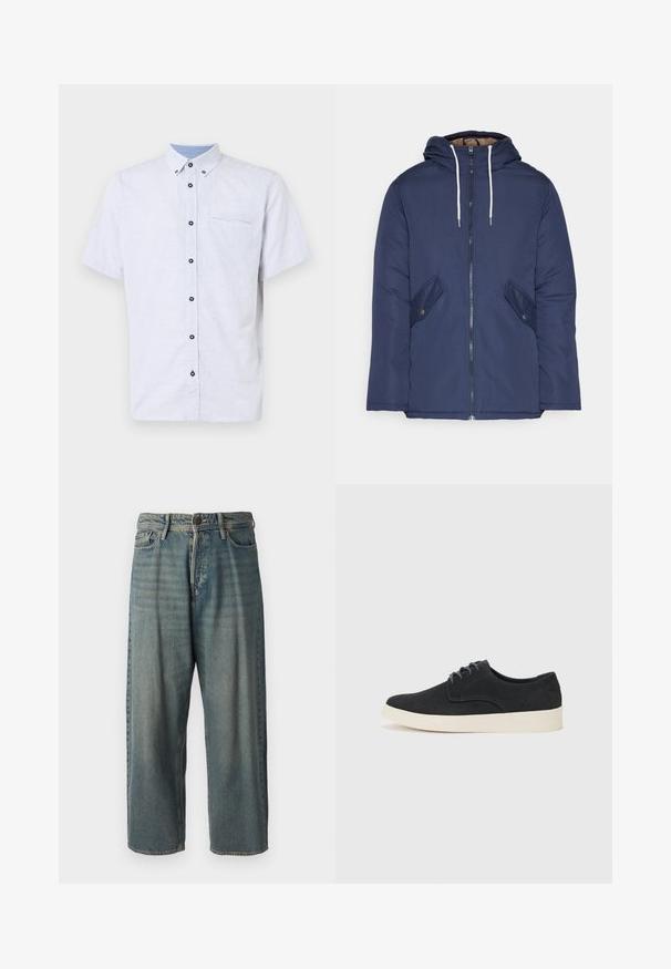 Navy plava podstava jakna s kapuljačom, koja ima prednji patentni zatvarač, dva bočna džepa s gumbima i bijele špage.; Kratki rukavi košulja s gumbima u bijeloj boji s tamnoplavim geometrijskim uzorkom, kontrastnim kragnom i jednom džepom na prsima s crnim gumbima.; Svijetloplave traperice s širokim krojem, srednjim pojasom i ravnim nogavicama. Ima pet džepova, petlje za remen i kopčanje na gumb.; Crne nubuk cipele s vezicama i okruglim nosom, lagana kremasta srednja podrška i suptilni plavi šavovi na gornjem dijelu.