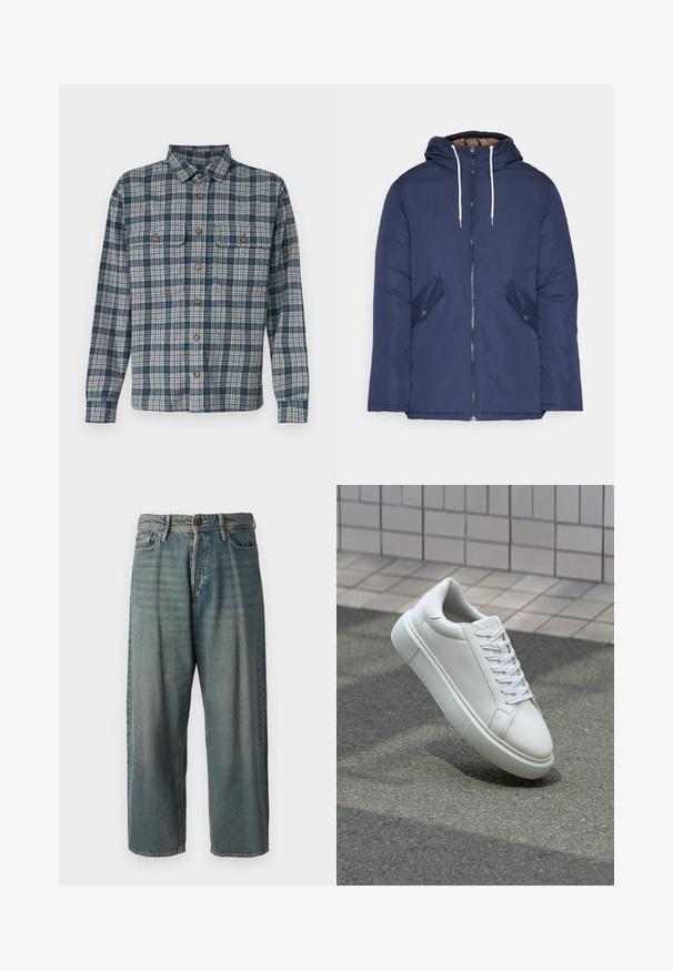 Casaco acolchoado azul-marinho com capuz, apresentando um fecho frontal com zíper, dois bolsos laterais com botões e cordões brancos.; Camisa de botão xadrez com um esquema de cores azul-marinho e bege, mangas longas, dois bolsos no peito e detalhes em botão castanho. Tecido de algodão.; Jeans de ganga azul claro com um corte solto, cintura média e pernas retas. Apresenta cinco bolsos, passadores de cinto e fecho com botão.; Tênis de couro branco com superfície lisa, bico redondo e cadarços brancos planos. Apresenta uma sola de borracha texturizada e elementos de design minimalistas.