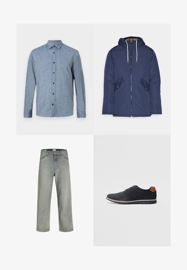 Marineblauwe gewatteerde jas met een capuchon, voorzien van een rits aan de voorkant, twee zijzakken met knopen en witte trekkoorden.; Lange mouwen button-up shirt in lichtblauwe stof met een gestructureerde weving, voorzien van een kraag en zes donkerbruine knopen aan de voorkant.; Lichtgrijze, loszittende spijkerbroeken van denim. Beschikt over een klassiek vijf-pocket ontwerp, riemlussen en een rechte pijp silhoët.; Zwarte synthetische schoenen met een gestructureerde bovenkant, gladde accenten, bruine hak en een contrasterende zool. Bevat minimale veters en stikdetails.