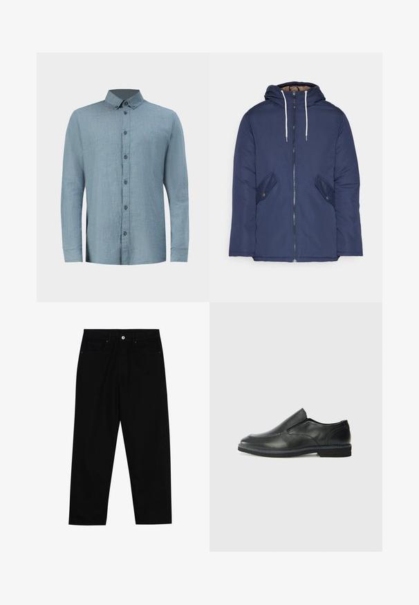 Laivasilkkinen vuorattu takki hupulla, jossa on etuvetoketju, kaksi nappikiinnityksellä varustettua sivutaskua ja valkoiset nyörit.; Vaaleansininen ruudullinen puuvillapaita, jossa on napillinen kaulus, yksi rintatasku ja pitkät hihat napillisilla hihoilla.; Mustat farkut suoraan lahkeella, viisi taskua ja etunappikiinnitys. Sileä rakenne, jossa on vain vähäisiä ompelualueita.; Musta nahkainen liukujalkine, jossa on sileä pinta, ommeltuja yksityiskohtia, pyöristetty kärki ja matala kumipohja. Pohjassa on minimaalinen pito.