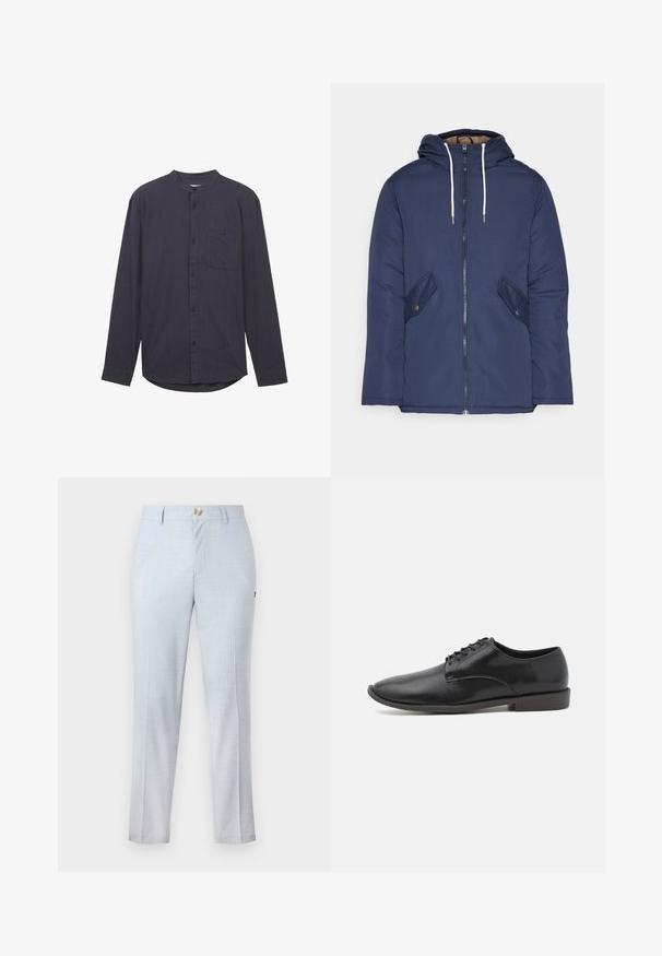Marineblau gepadded Jacke mit Kapuze, ausgestattet mit einem Reißverschluss vorne, zwei seitlichen Taschen mit Knöpfen und weißen Kordeln.; Dunkelblaues Langarmhemd mit Stehkragen, vorderem Knopfverschluss, einer Brusttasche und einem strukturierten Stoff. Verfügt über einen abgerundeten Saum.; Helle blaue Anzughosen aus gewebtem Stoff mit klassischer Passform, geradem Bein, frontalen Taschen und Knopfverschluss. Dezente Musterdetails.; Schwarze Leder-Schnürschuhe mit glatter Oberfläche, abgerundeter Zehenpartie und einer gummierten, flachen Sohle. Minimalistisches Design ohne zusätzliche Verzierungen.