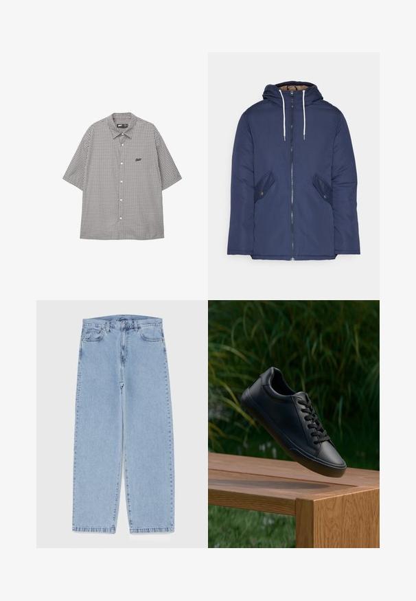 Marineblau gepadded Jacke mit Kapuze, ausgestattet mit einem Reißverschluss vorne, zwei seitlichen Taschen mit Knöpfen und weißen Kordeln.; Schwarz-weiße karierte Kurzarm-Hemdbluse. Verfügt über einen Umlegekragen und ein Logo auf der linken Brust.; Hellblaue Jeans aus Denim mit geradem Bein, ausgestattet mit einer mittelhohen Taille, fünf Taschen sowie einem Knopf- und Reißverschluss.; Schwarze Ledersneaker mit glatter Textur, runder Zehenform und flachen Schnürsenkeln, positioniert über einer Holzoberfläche mit grünem Gras im Hintergrund.