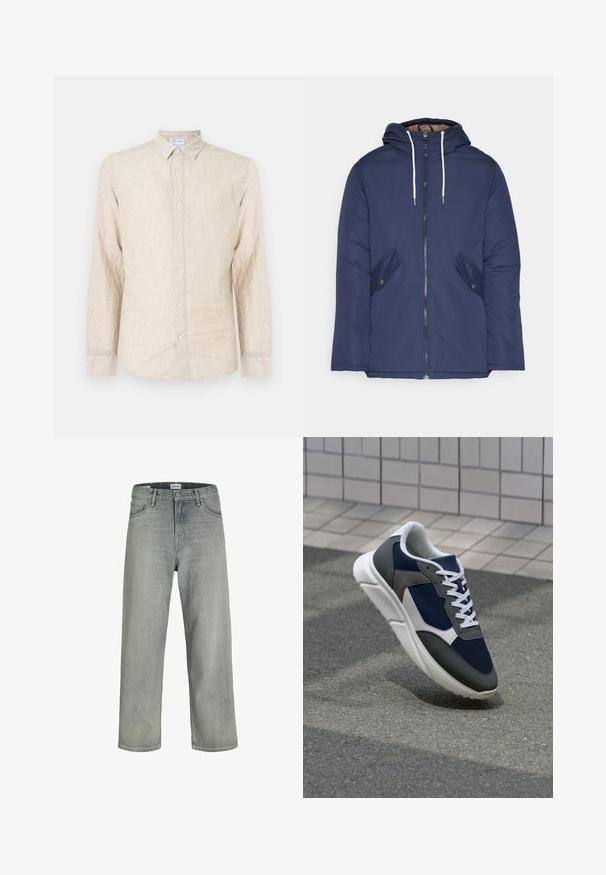 Giacca imbottita blu navy con cappuccio, dotata di zip frontale, due tasche laterali con bottoni e lacci bianchi.; Camicia beige a maniche lunghe realizzata in tessuto testurizzato, con colletto classico, chiusura a bottoni e vestibilità comoda.; Jeans grigi chiaro, con vestibilità comoda, realizzati in denim. Presentano un classico design a cinque tasche, passanti per cintura e una silhouette a gamba dritta.; Sneaker con tomaia in rete blu navy, inserti in suede grigio, suola in gomma bianca e lacci bianchi piatti, progettata per comfort e traspirabilità.