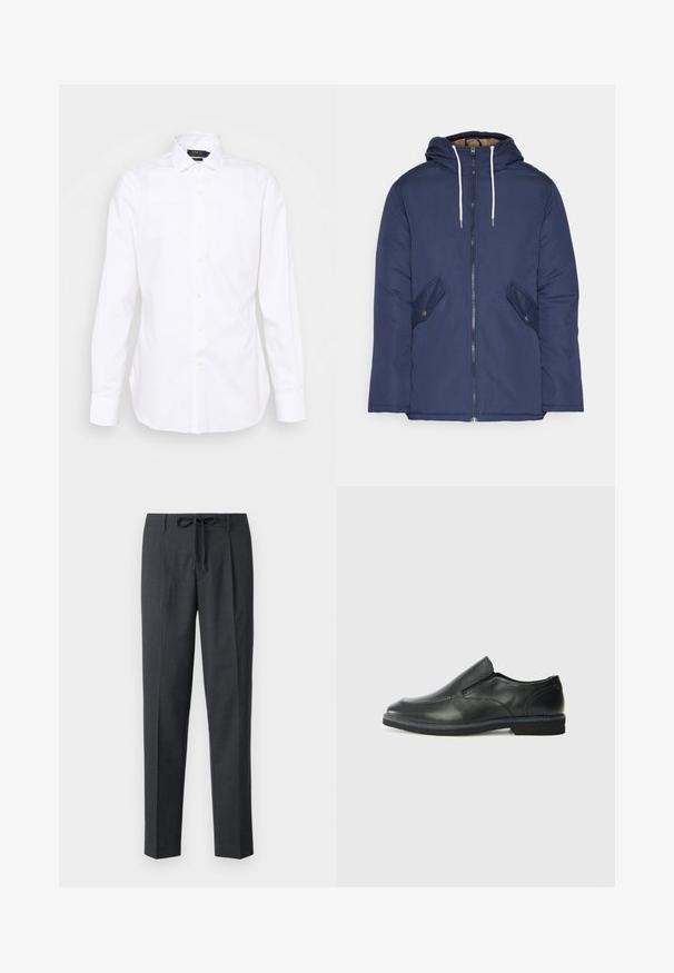 Jūrinė mėlyna pūkinė striukė su kapišonu, turinti priekinį užtrauktuką, dvi šonines kišenes su sagomis ir baltus raiščius.; Balta ilgomis rankovėmis marškiniai, su mygtukais priekyje, smailiu apykakle, pagaminti iš medvilnės, lygaus tekstūros, su subtiliu siuvinėtu logotipu ant krūtinės.; Džinsai tamsiai pilkos spalvos, su tekstūruotu raštu, tiesaus kirpimo ir reguliuojamu raišteliu juosmenyje. Sklandžiai, su tvarkingai apdirbtomis siūlėmis.; Juodai odiniai įtvirtinimo batai su lygiu paviršiumi, siuvinėjimo akcentais, apvalia nosimi ir žemu guminiu kulnu. Pado raštas minimalus.