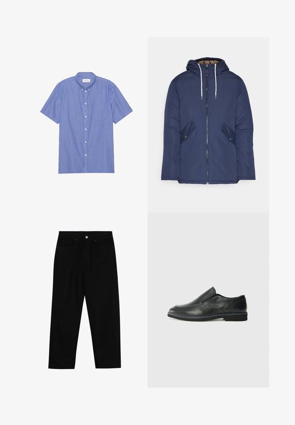 Veste matelassée bleu marine avec capuche, dotée d'une fermeture éclair à l'avant, de deux poches latérales avec boutons et de cordons de serrage blancs.; Chemise à manches courtes avec boutons, bleu et blanc à rayures verticales. Dotée d'un col pointu et d'une poche poitrine. Confectionnée en tissu léger.; Pantalons en denim noir avec une coupe droite, un design à cinq poches et une fermeture à bouton à l'avant. Texture lisse avec des détails de couture minimaux.; Chaussure slip-on en cuir noir avec une tige lisse, des accents cousus, un bout arrondi et un petit talon en caoutchouc. La semelle présente un profil de traction minimal.