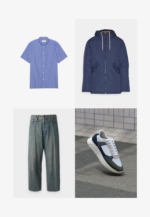 Navy blue padded jacket with a hood, featuring a front zipper, two side pockets with buttons, and white drawstrings.; Short-sleeve button-up shirt in blue and white vertical stripes. Features a pointed collar and a chest pocket. Made from lightweight fabric.; Light blue denim jeans with a loose fit, mid-rise waist, and straight legs. Features five pockets, belt loops, and a button closure.; White, navy, and gray sneaker with a mixed material design, featuring a textured upper, flat laces, and a cushioned sole.