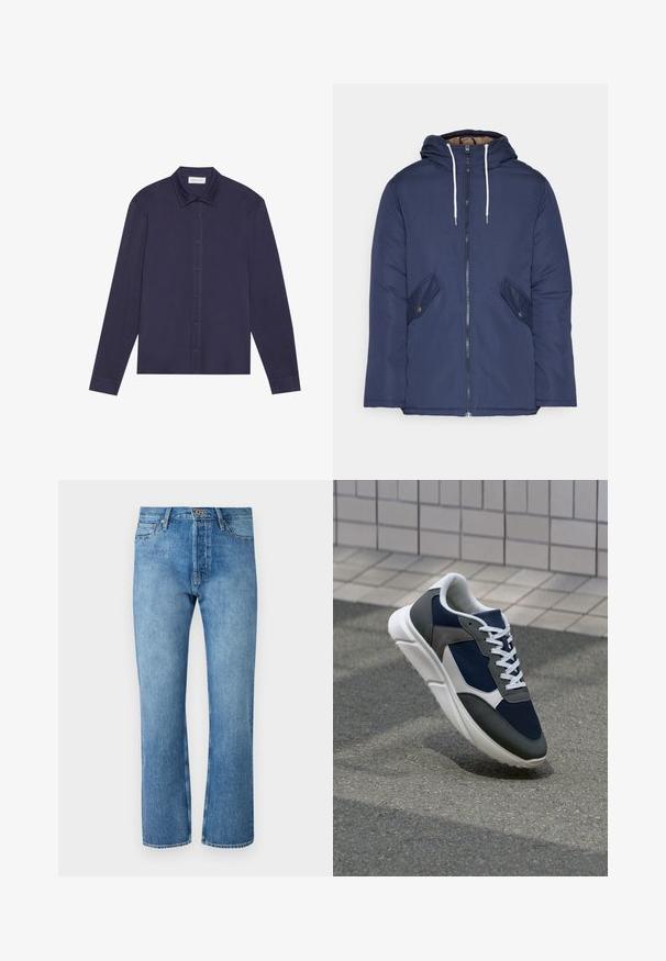 Marineblå polstret jakke med hette, med glidelås foran, to sidelommer med knapper og hvite snorer.; Marineblå langermet skjorte laget av glatt stoff, med knappefront, spiss krage og en litt avslappet passform.; Lyseblå denimjeans med rett benkutt, som har et klassisk fem-lommers design, knappelukking og kontraststing.; Sneakers med en navy blå mesh-overdel, grå sømværk, hvit gummisåle og flate hvite snører, designet for komfort og pusteevne.