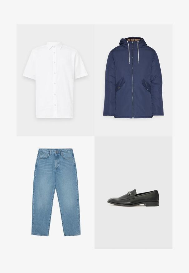 Jūrinė mėlyna pūkinė striukė su kapišonu, turinti priekinį užtrauktuką, dvi šonines kišenes su sagomis ir baltus raiščius.; Balti trumpu rankoviu mygtukų marškiniai, pagaminti iš lengvos medžiagos. Su klasikiniu dvigubu apykakle, tiesia fasona ir šešiais mygtukais priekyje.; Šviesiai mėlyni džinsai su plačiomis kojomis ir aukštu liemeniu, turintys penkias kišenes, diržo kilpas ir švelnų, šiek tiek išblukusį tekstūrą.; Juodos odinės loafer tipo bateliai su lygiu paviršiumi, turintys siuvinėtą dizainą ir dekoratyvų metalo grandinėlės akcentą ant batų viršaus. Plokščias kulnas.