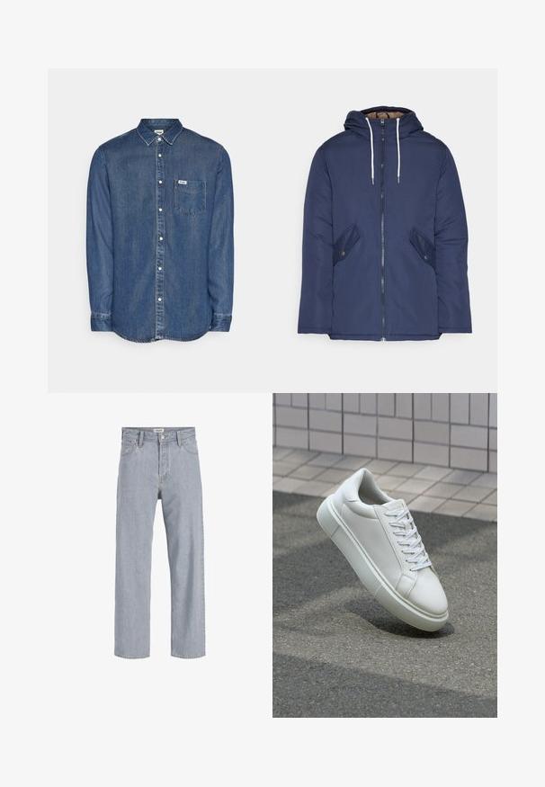 Jūras zila pufīgā jaka ar kapuci, kas aprīkota ar priekšējo rāvējslēdzēju, divām sānu kabatām ar pogām un baltiem aukliņām.; Tumši zils džinsa krekls ar pogām. Tam ir apkakle, garas piedurknes, krūšu kabata un baltas pogas. Šuvju detaļas gar malu.; Gai zils džinsu audums ar brīvu piegriezumu, taisnu kāju dizainu, redzamām šuvēm, divām priekšējām kabatām un pogu aizdari.; Baltas ādas sporta apavi ar gludu virsmu, apaļu pirkstu un plakanām baltām šņorēm. Iezīmējas ar strukturētu gumijas zoli un minimālisma dizaina elementiem.