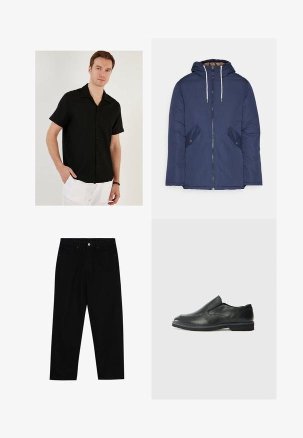 Chaqueta acolchada de color azul marino con capucha, cuenta con un cierre frontal de cremallera, dos bolsillos laterales con botones y cordones blancos.; Camisa negra de botones de manga corta con textura acanalada, cuello puntiagudo y dobladillo recto. Lleva puesta sobre pantalones blancos, con un ajuste casual.; Pantalones de mezclilla negra con corte recto, diseño de cinco bolsillos y cierre frontal con botón. Textura suave con detalles de costura mínimos.; Zapato negro de cuero sin cordones con un upper suave, detalles de costura, punta redonda y un bajo tacón de goma. La suela presenta una tracción mínima.
