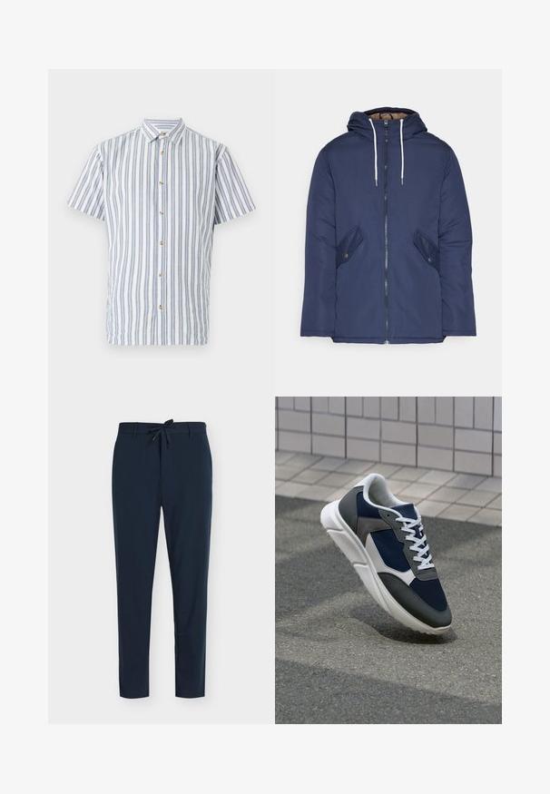 Mørkeblå polstret jakke med hætte, fremhævet af en frontlynlås, to sidelommer med knapper og hvide snore.; Kortærmet skjorte i lys blå og hvide striber, med en knappet front og beige knapper. Lavet af tekstureret stof.; Marineblå bukser lavet af glat stof med snøre i taljen, med vertikalt nålestribet mønster og tilspidset ben.; Sneakers med en overdel i marineblå mesh, grå suedeteksturer, hvid gummisål og flade hvide snørebånd, designet til komfort og åndbarhed.