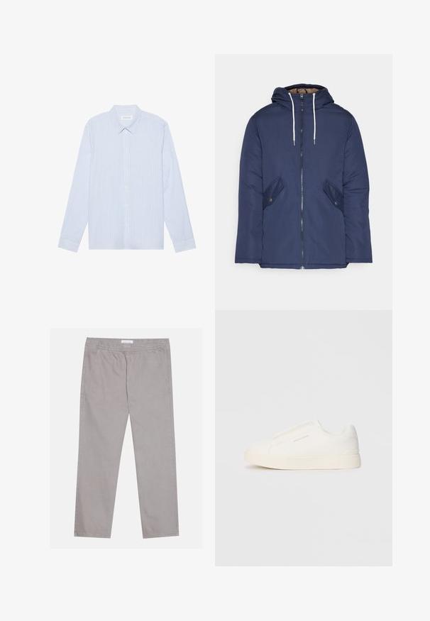 Chaqueta acolchada de color azul marino con capucha, cuenta con un cierre frontal de cremallera, dos bolsillos laterales con botones y cordones blancos.; Camisa de botones de manga larga a rayas azul claro. Con un cuello tradicional, botones blancos y una suave mezcla de algodón.; Pantalones de algodón gris claro con cinturilla elástica, dos bolsillos laterales, diseño de pierna recta y textura suave. Detalle de costura simple.; Zapatillas blancas tipo slip-on con una superficie texturizada, suela gruesa y diseño minimalista. Presenta el logo de la marca en un lado.