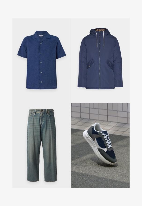 Marineblå polstret jakke med hette, med glidelås foran, to sidelommer med knapper og hvite snorer.; Kortermet, marineblå skjorte laget av pustende materiale, med krage, funksjonelle knapper og en lett teksturert overflate.; Lyseblå denimjeans med løs passform, midjehøyde og rette ben. Har fem lommer, beltehemper og knappelukking.; Sneakers med en navy blå mesh-overdel, grå sømværk, hvit gummisåle og flate hvite snører, designet for komfort og pusteevne.