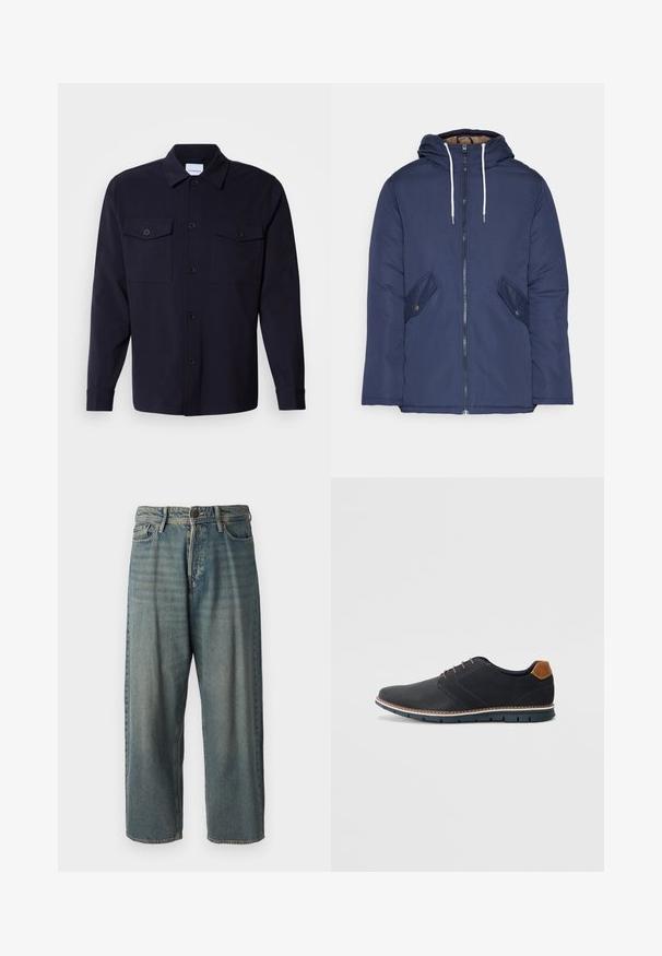 Mornarsko modra podložena jakna s kapuco, ki ima sprednji zadrgo, dva stranska žepa s gumbi in bele vrvice.; Temno modra srajčna jakna iz mehkega materiala, z dvema žepoma na prsih, gumbom zapenjanjem in dolgimi rokavi z gumbnimi manšetami.; Svetlomoderne kavbojke z ohlapnim krojem, srednjim pasom in ravnimi nogami. Imajo pet žepov, zanke za pas in zapiranje na gumb.; Črne sintetične čevlje z teksturirano zgornjščino, gladkimi akcenti, rjavim petnim delom in kontrastnim podplatom. Imajo minimalno vezanje in detajle šivanja.