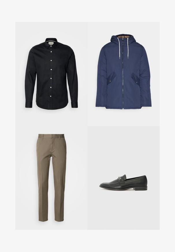 Sötétkék bélelt dzseki kapucnival, elülső cipzárral, két oldalsó zsebbel gombokkal és fehér húzózsinórokkal.; Fekete, hosszú ujjú ing, pamutból készült, gombos gallérral, elülső gombos záródással és egy kis hímzett logóval a mellkasán.; Barna nadrág sima szövetből, egyenes szabással, elöl cipzárral és minimalistán kialakított zsebekkel. Nincsenek látható minták vagy díszítések.; Fekete bőr loaferek sima felülettel, varrott mintával és díszítő fém lánccal a cipő elején. Lapos sarok.