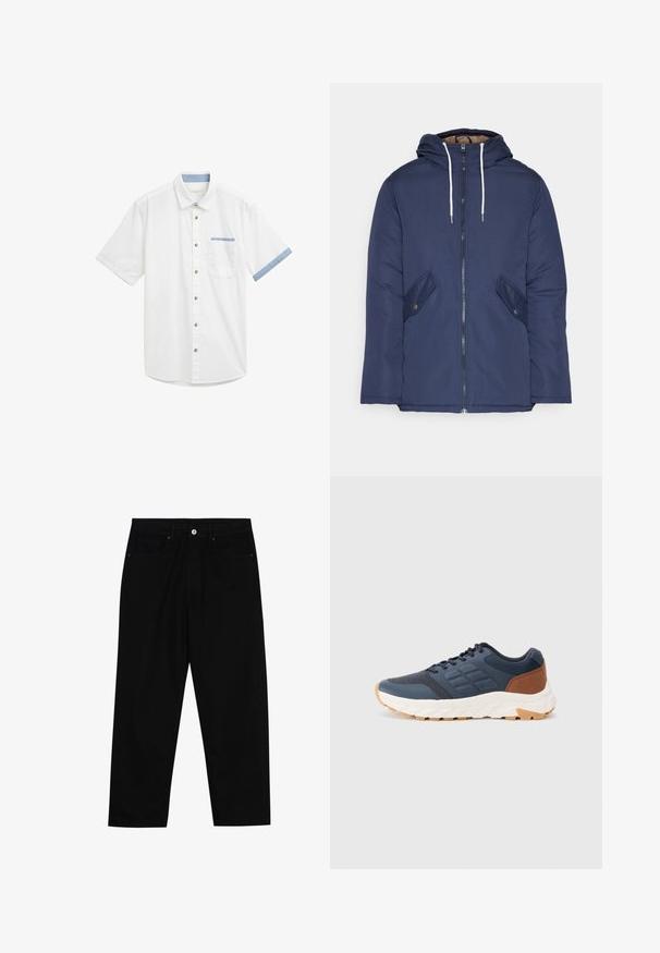Marineblau gepadded Jacke mit Kapuze, ausgestattet mit einem Reißverschluss vorne, zwei seitlichen Taschen mit Knöpfen und weißen Kordeln.; Weißes Kurzarmhemd mit einem klaren Kragen, hellblauem Akzent an den Ärmelbündchen, einer Brusttasche und braunen Knöpfen entlang der Vorderseite.; Schwarze Jeans mit geradem Schnitt, Fünf-Taschen-Design und einem vorderen Knopfverschluss. Glatte Textur mit minimalen Nähten.; Marineblaue Sportchuhe mit einem braunen Fersenakzent, strukturiertem Mesh-Obermaterial, gepolstertem Kragen und weißer Gummisohle mit durchgezogenem Profil.