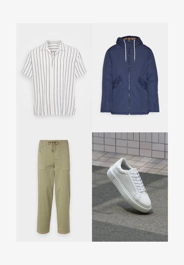 Veste matelassée bleu marine avec capuche, dotée d'une fermeture éclair à l'avant, de deux poches latérales avec boutons et de cordons de serrage blancs.; Chemise à manches courtes avec des rayures verticales en blanc, bleu marine et beige clair. Fabriquée en tissu léger avec un col évasé.; Pantalons vert olive clair en tissu mélangé coton, dotés d'une taille élastique avec cordon de serrage et de deux grandes poches latérales.; Baskets en cuir blanc avec une surface lisse, bout rond et lacets plats blancs. Présentent une semelle en caoutchouc texturée et des éléments de design minimalistes.